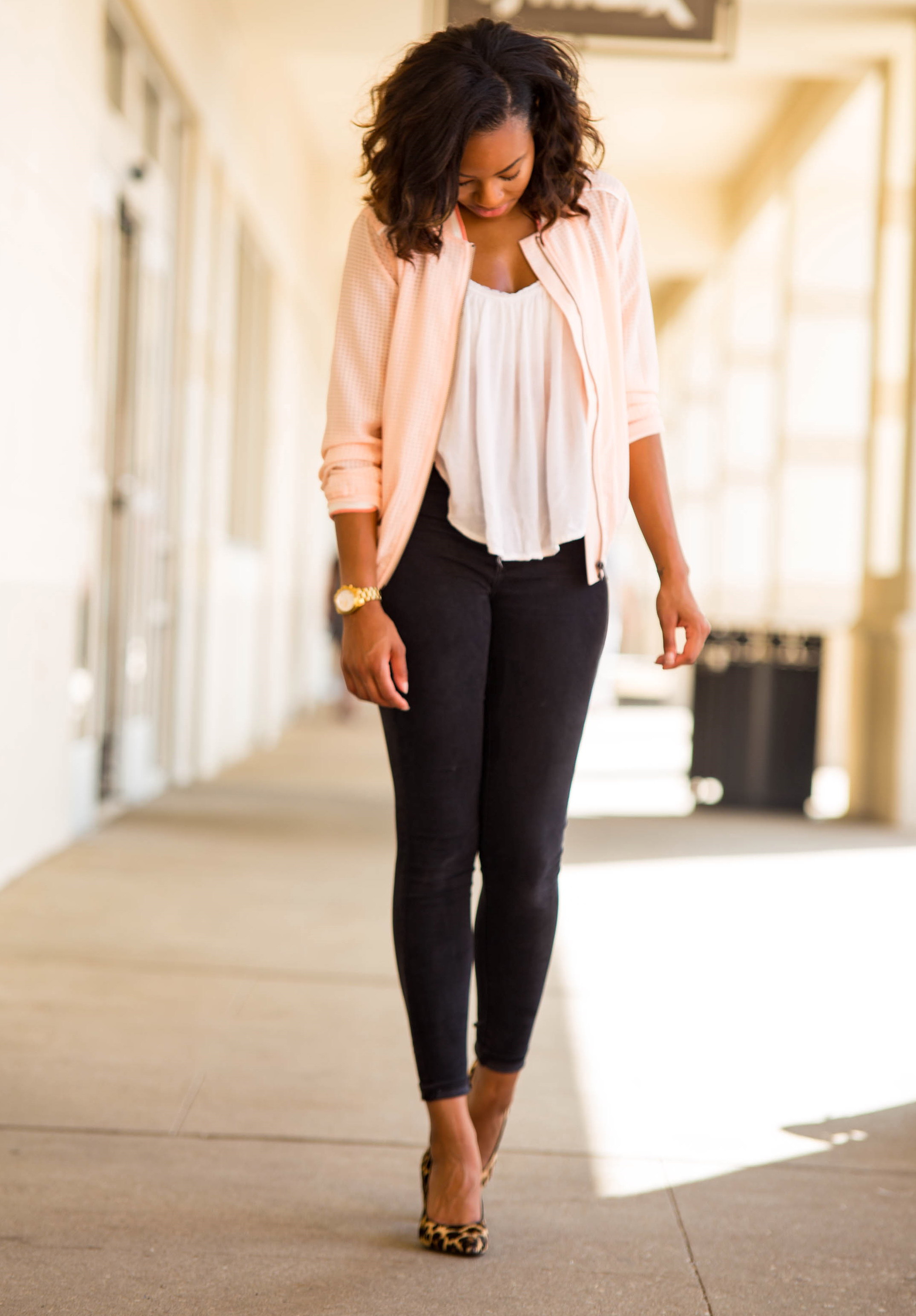 blush bomber jacket minimalist style
