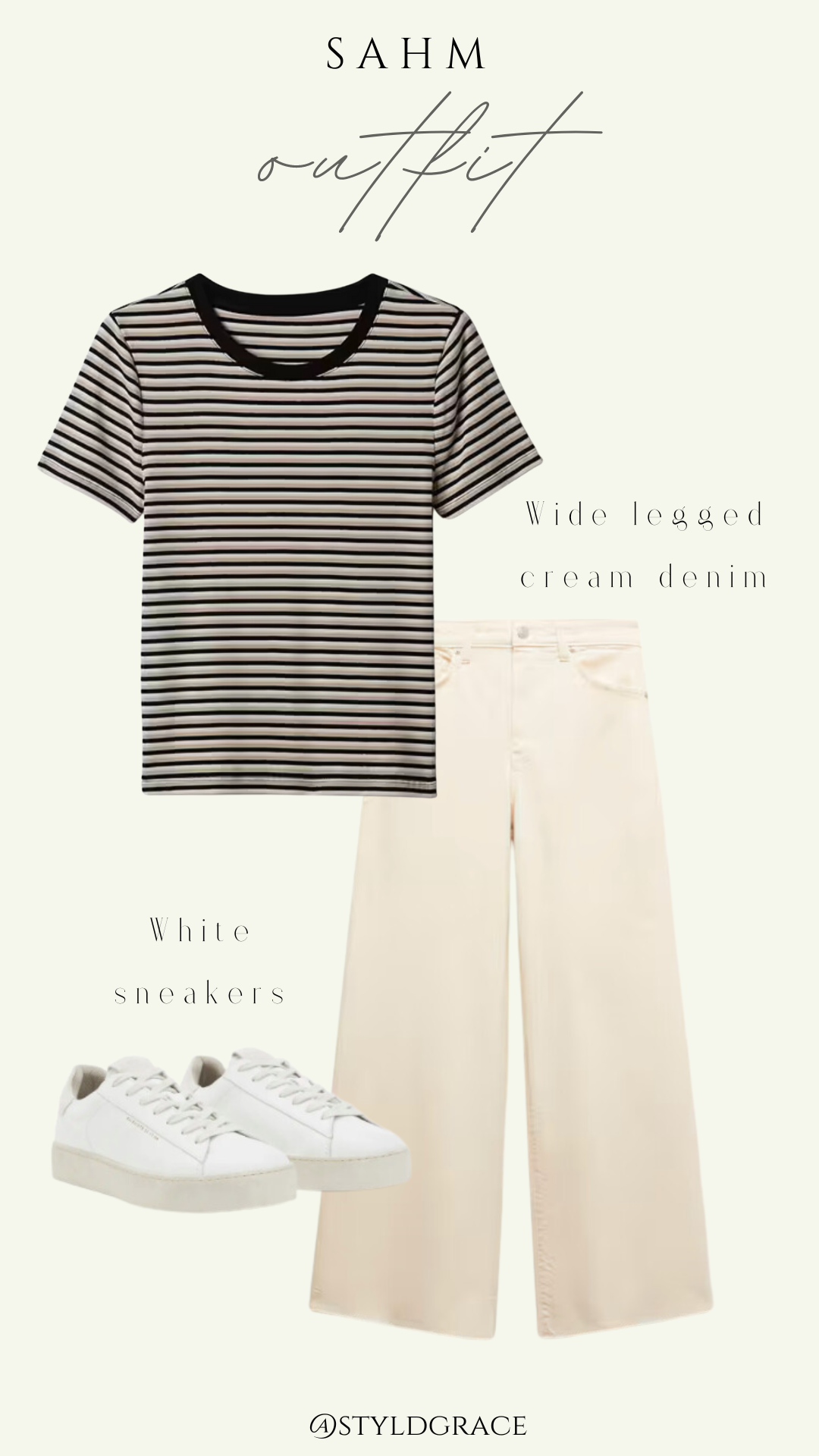 white legged cream denim, shirt, and white sneakers one of the sahm outfits