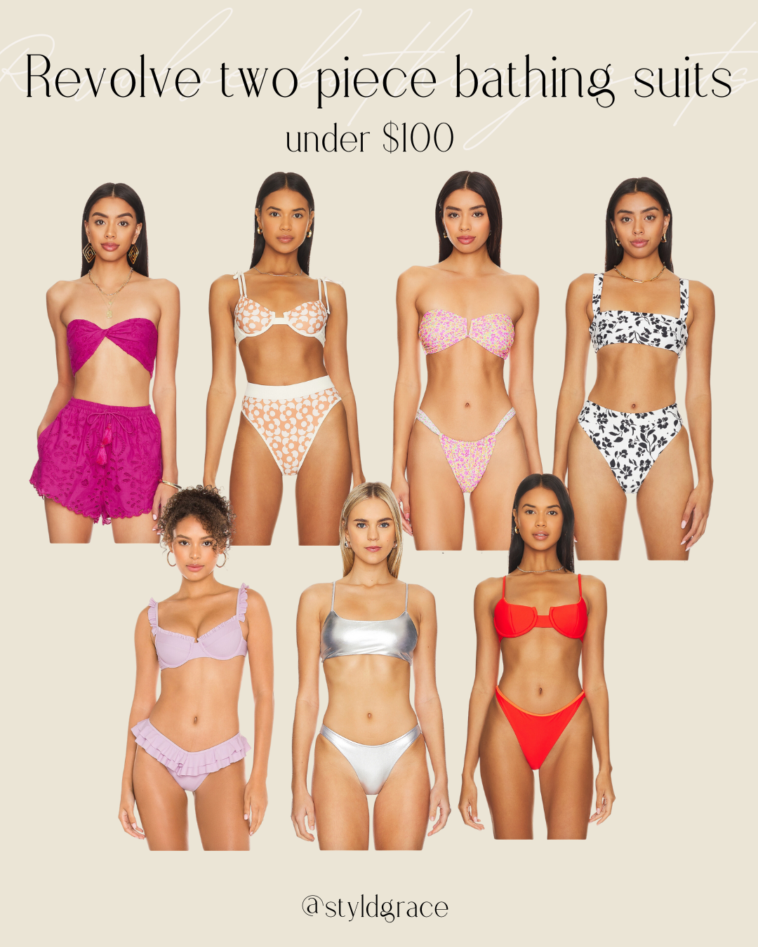 collage of two piece 2024 swimsuits from revolve