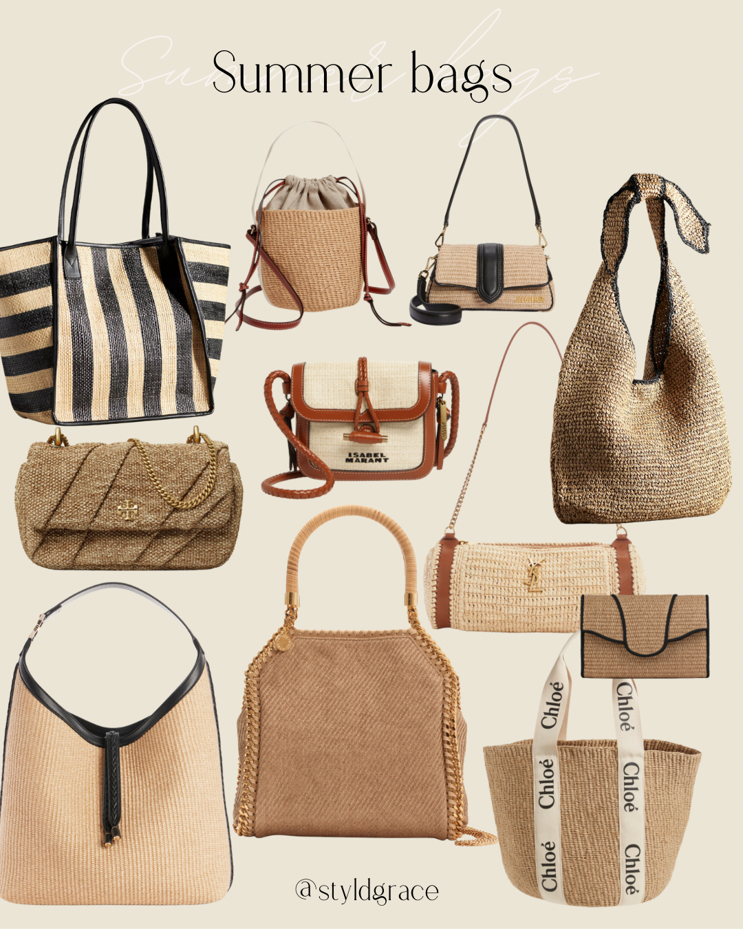 collage of Neutral spring/summer bags by Styl'd Grace Blogger Brittainy Lemelle 
